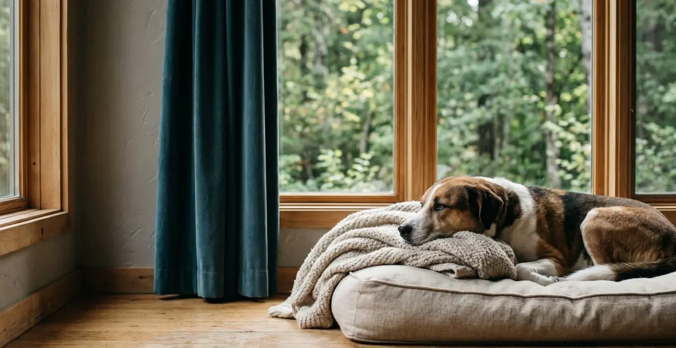 Entspannter Hund in ruhiger Ferienwohnung mit schalldämpfenden Elementen und Blick ins Grüne