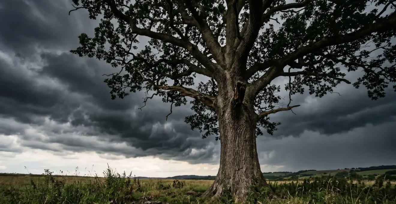 Symbolische Darstellung eines alleinstehenden Baumes bei drohendem Gewitter mit dunklen Wolken