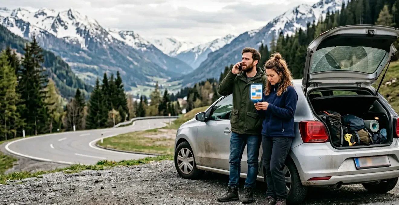 Besorgte Autofahrer auf Roadtrip prüfen Smartphone während ihr Fahrzeug am Straßenrand steht