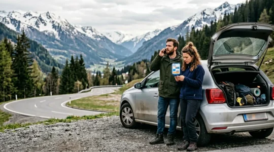 Besorgte Autofahrer auf Roadtrip prüfen Smartphone während ihr Fahrzeug am Straßenrand steht