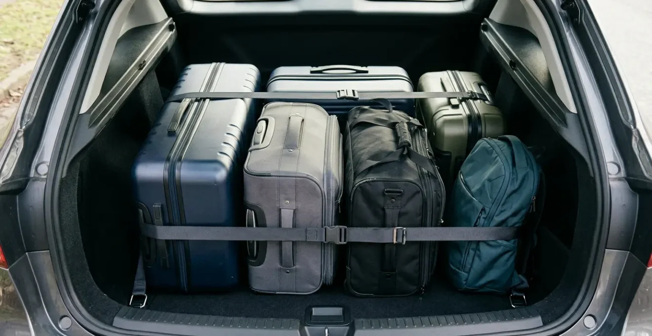 Sicher beladener Kofferraum mit korrekt verzurrtem Gepäck zur Vermeidung von Unfällen bei Vollbremsungen
