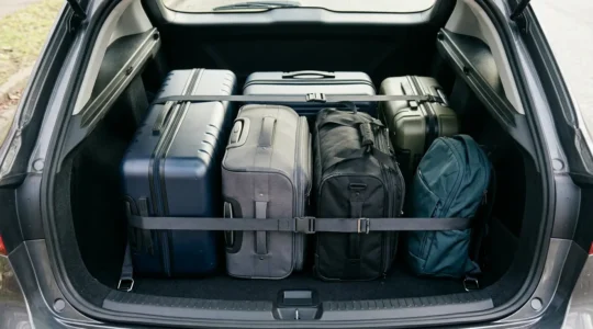 Sicher beladener Kofferraum mit korrekt verzurrtem Gepäck zur Vermeidung von Unfällen bei Vollbremsungen