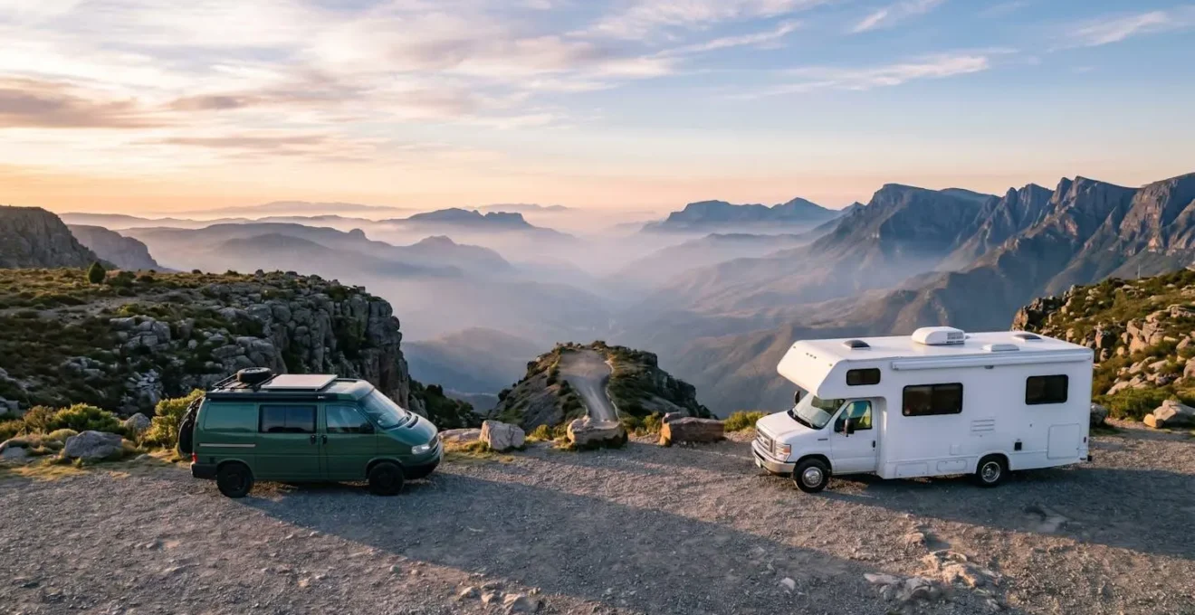 Geteilte Ansicht eines umgebauten Kombis und eines Wohnmobils in freier Natur, die den Kontrast in Grösse und Stil zeigt.