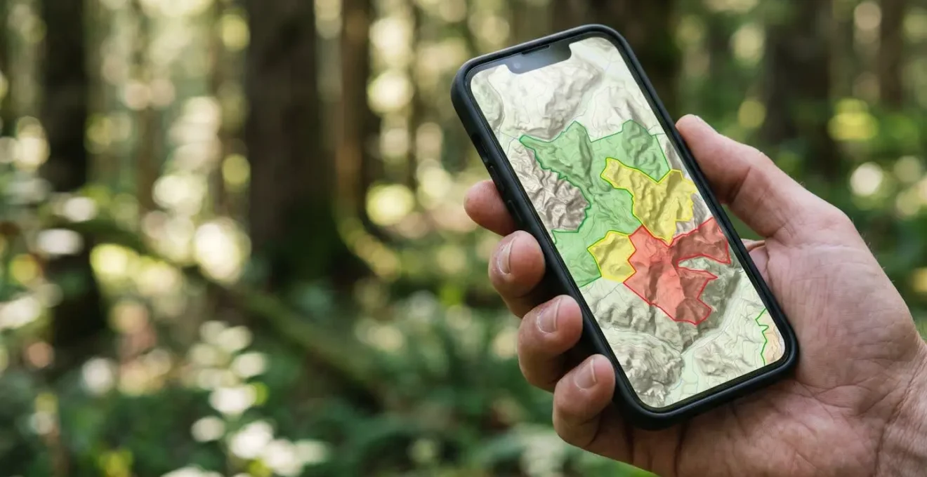 Eine Hand hält ein Smartphone mit einer Wander-App, die Naturschutzgebietsgrenzen auf einer digitalen Karte anzeigt