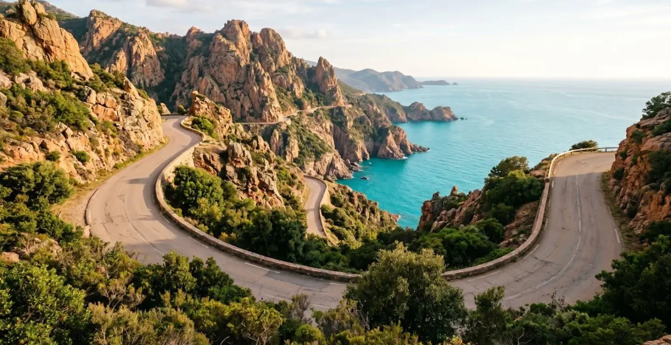 Kurvenreiche Küstenstraße mit Blick auf das türkisfarbene Mittelmeer und rote Felsformationen, umgeben von dichtem Maquis-Gestrüpp unter strahlend blauem Himmel