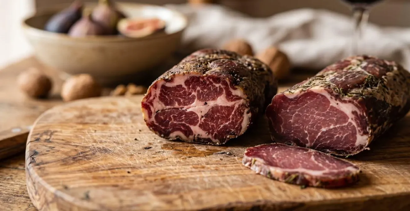 Extreme Nahaufnahme von aufgeschnittenen korsischen Wurstspezialitäten auf einem rustikalen Holzbrett, mit detaillierter Textur und natürlicher Beleuchtung