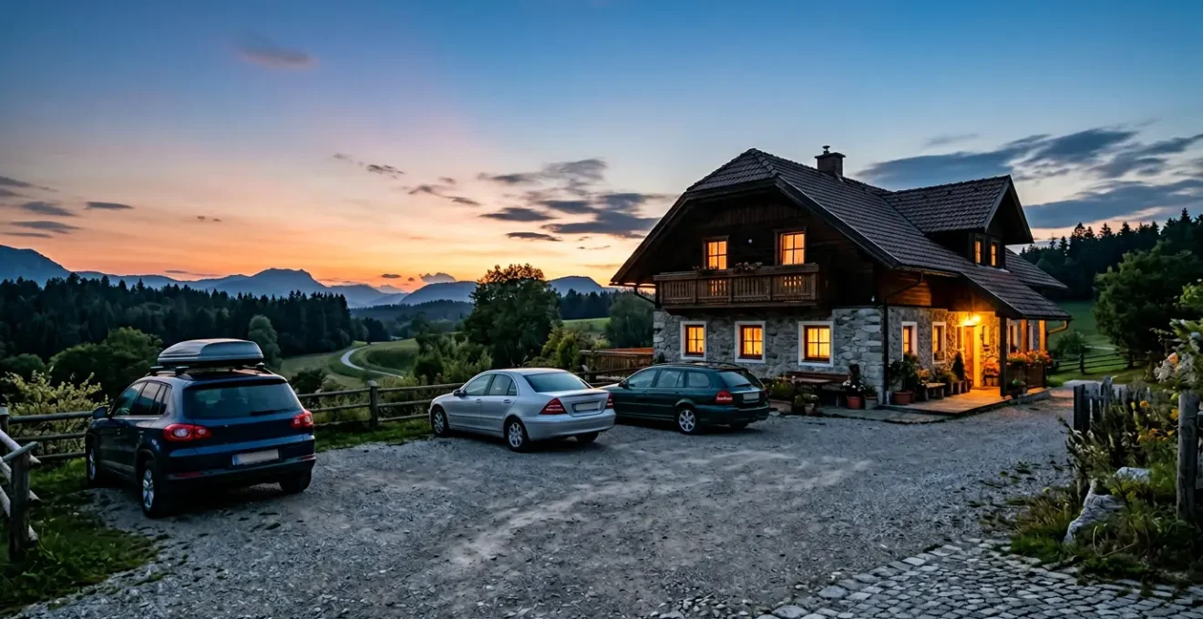Landpension bei Dämmerung mit Parkplatz und Reisegepäck im Auto
