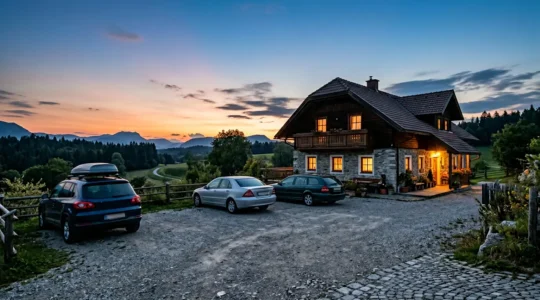 Landpension bei Dämmerung mit Parkplatz und Reisegepäck im Auto