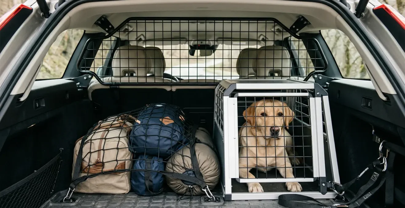 Robustes Trenngitter schützt Hund und Gepäck im Kofferraum bei einem Autounfall