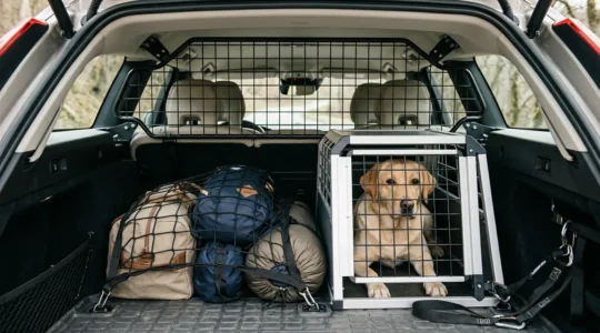 Robustes Trenngitter schützt Hund und Gepäck im Kofferraum bei einem Autounfall