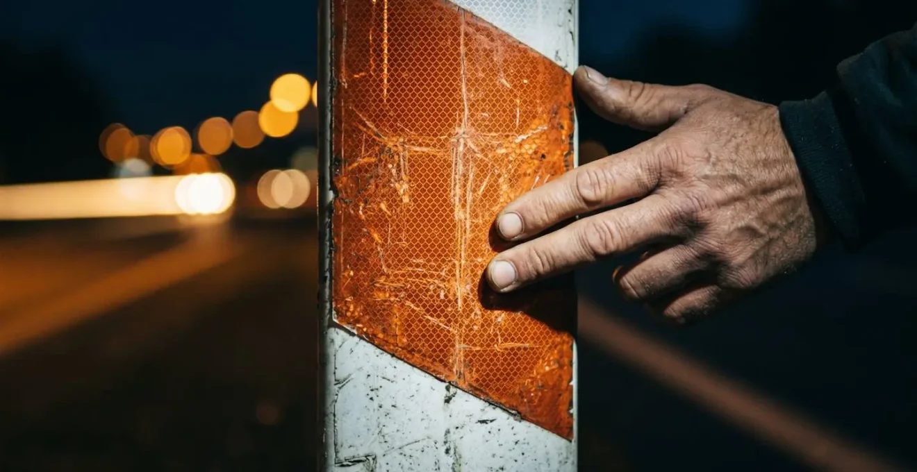 Makroaufnahme einer Hand die einen Leitpfosten auf einer Autobahn berührt bei Nacht mit reflektierendem Detail