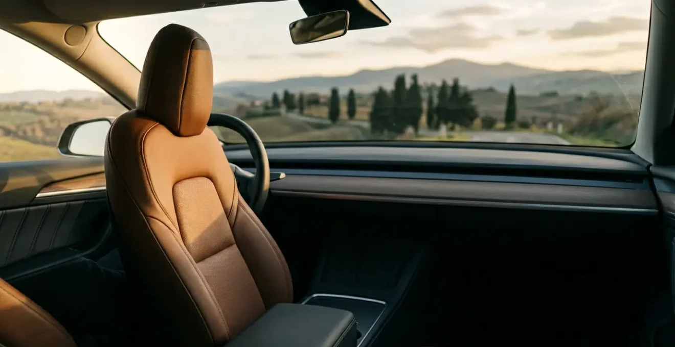 Ergonomischer Autositz mit Lordosenstuetze auf langer Fahrt durch italienische Landschaft
