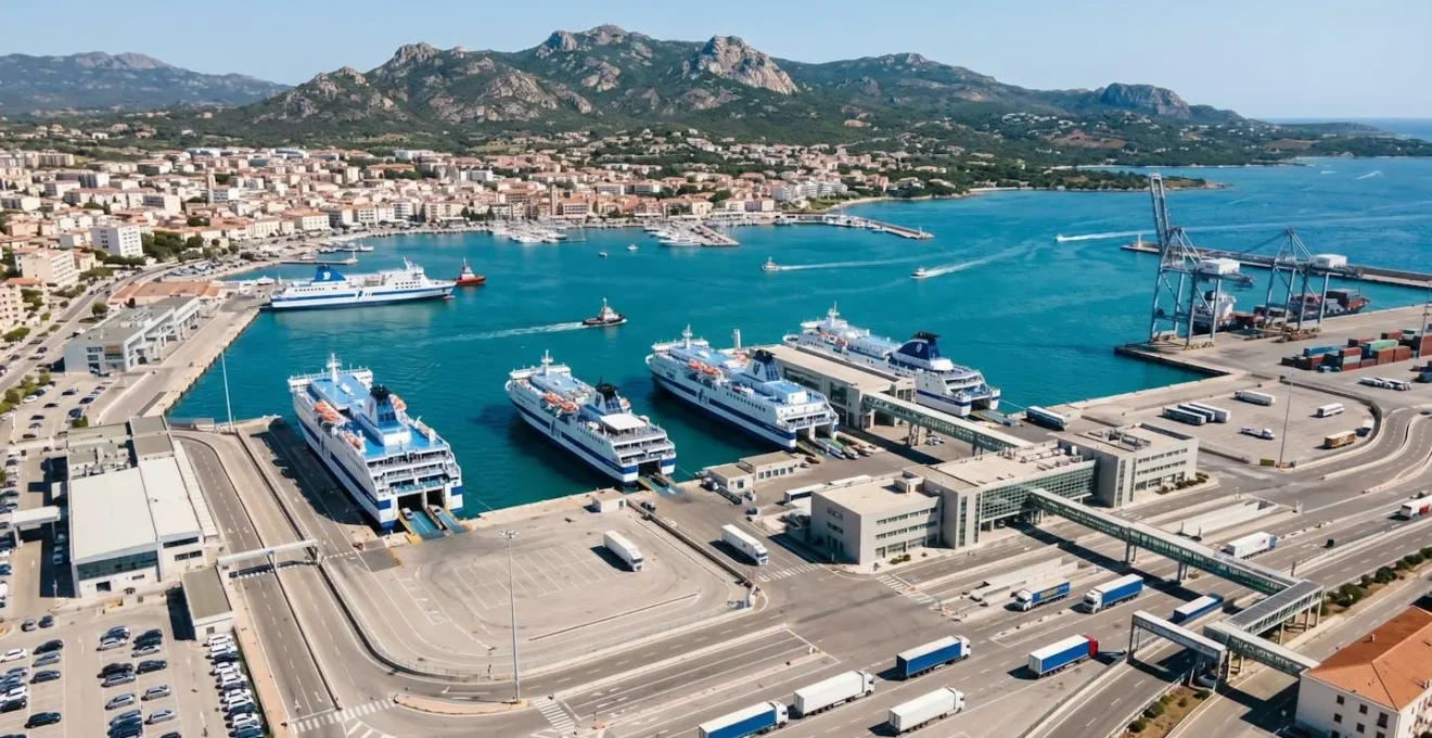Weitwinkel-Luftaufnahme eines modernen italienischen Fährhafens mit angelegten Schiffen und zeitgemässer Hafenarchitektur am Mittelmeer