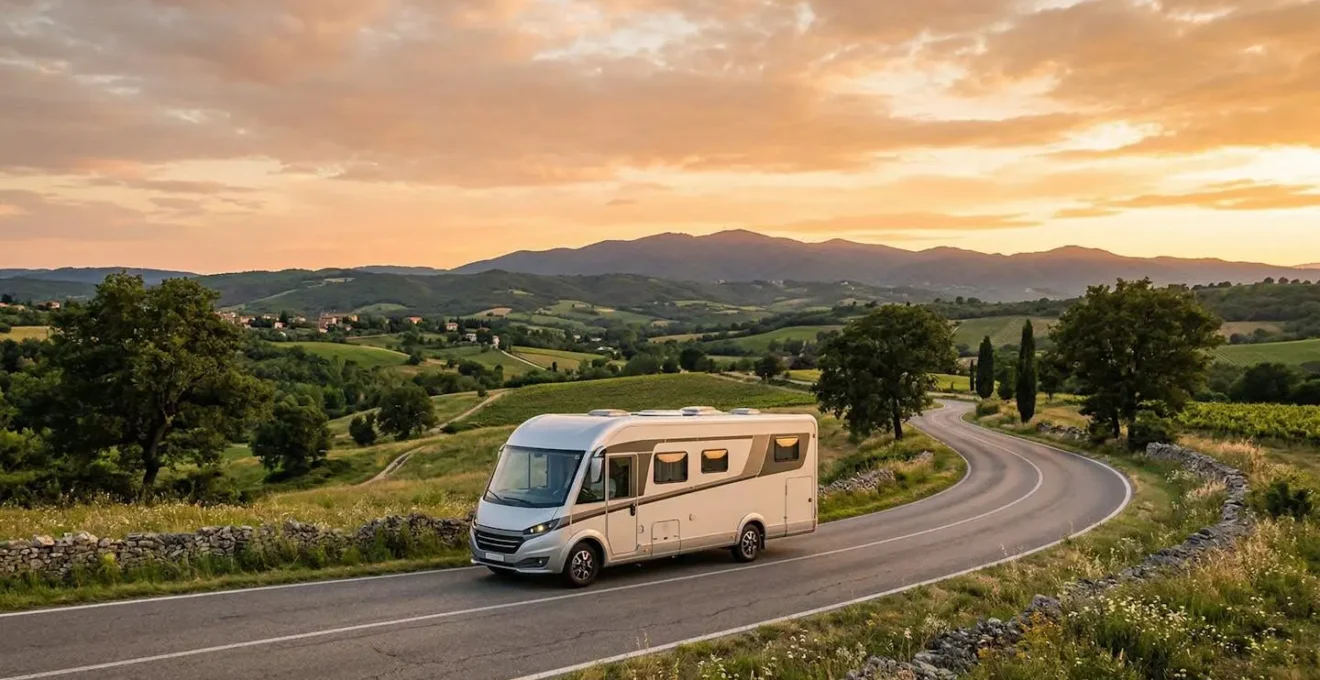 Professionelles Foto eines 8-Meter-Premium-Wohnmobils auf malerischer Landstraße bei goldenem Licht