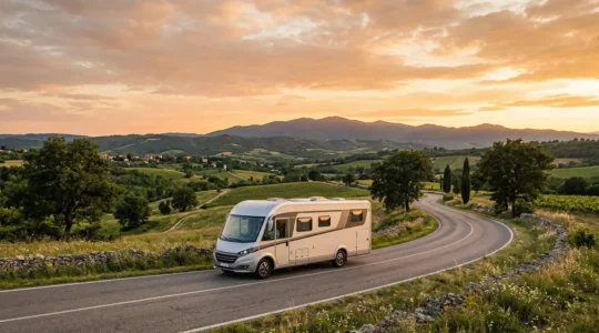 Professionelles Foto eines 8-Meter-Premium-Wohnmobils auf malerischer Landstraße bei goldenem Licht