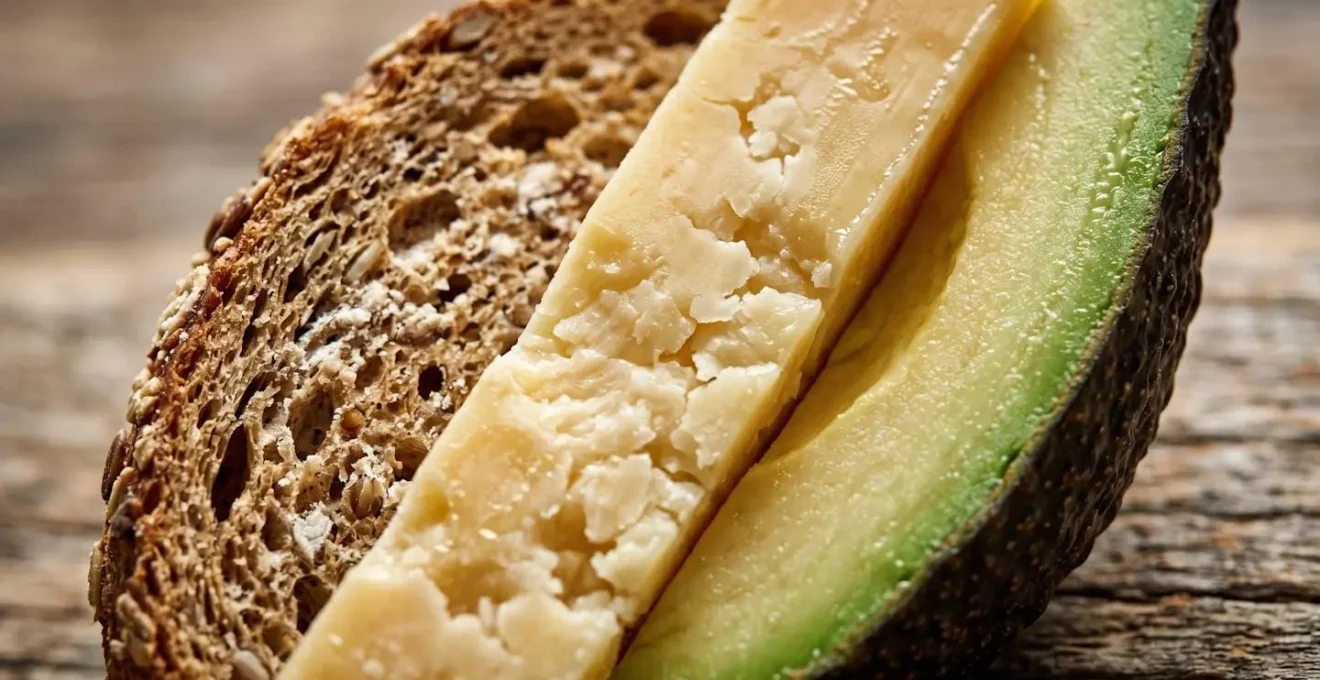 Drei gesunde Snack-Komponenten arrangiert für optimale Blutzuckerstabilität während der Autofahrt