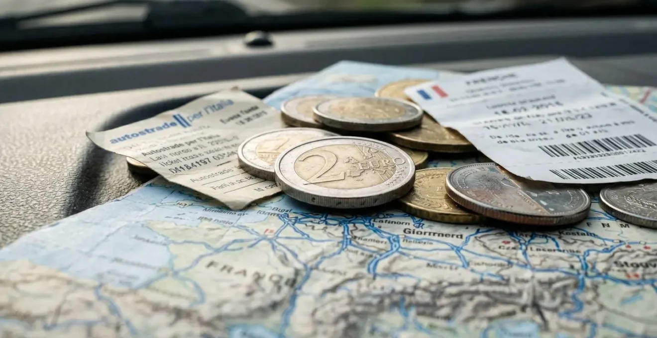 Nahaufnahme von verschiedenen europäischen Maut-Münzen und Tickets, die auf einer Landkarte im Auto liegen