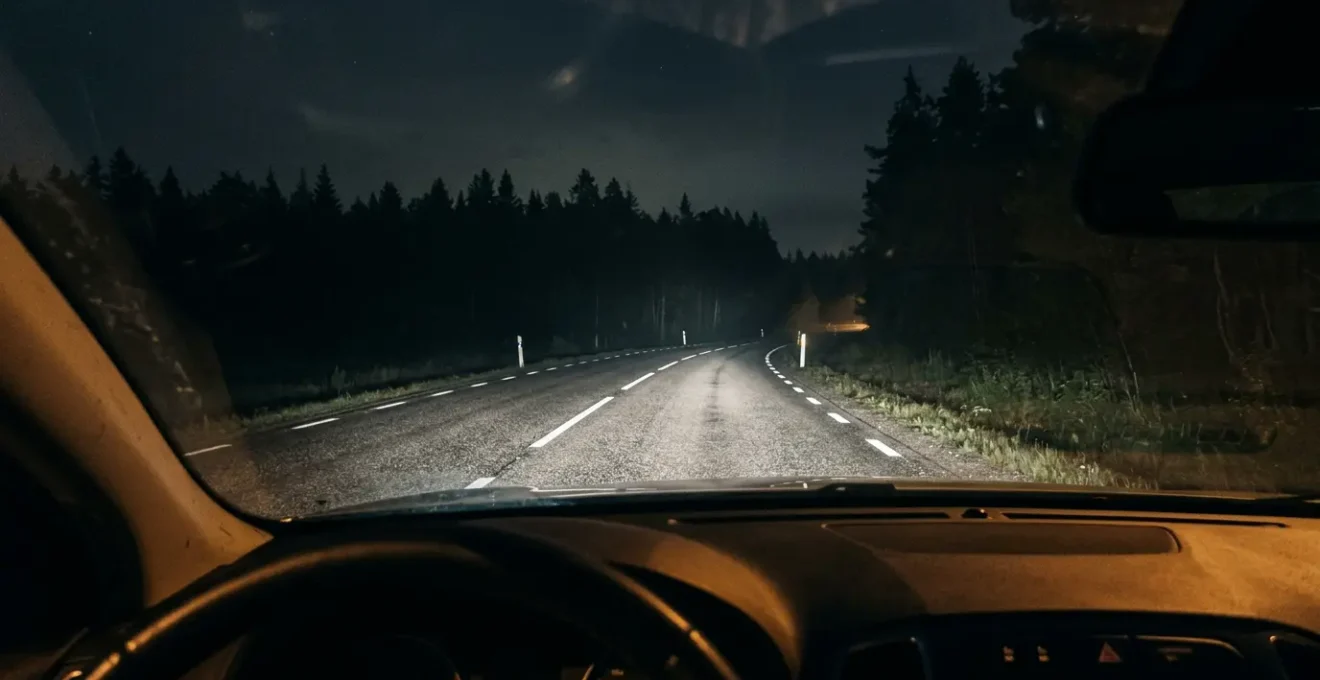 Nächtliche Autofahrt auf beleuchteter Landstraße mit fokussiertem Blick auf die Straße