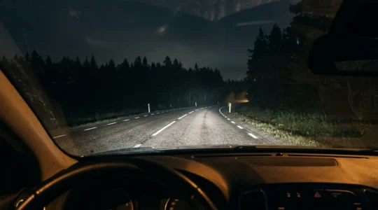 Nächtliche Autofahrt auf beleuchteter Landstraße mit fokussiertem Blick auf die Straße