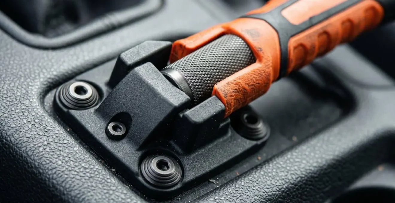 Detailaufnahme einer professionellen Nothammer-Befestigung an der Auto-Mittelkonsole mit sicherer Halterung