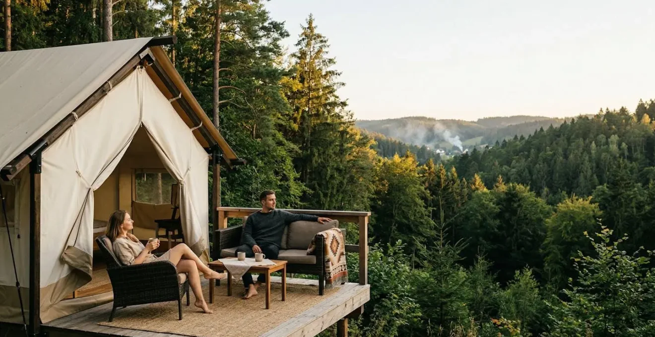 Paar genießt luxuriöses Glamping-Erlebnis in der Natur ohne eigene Campingausrüstung