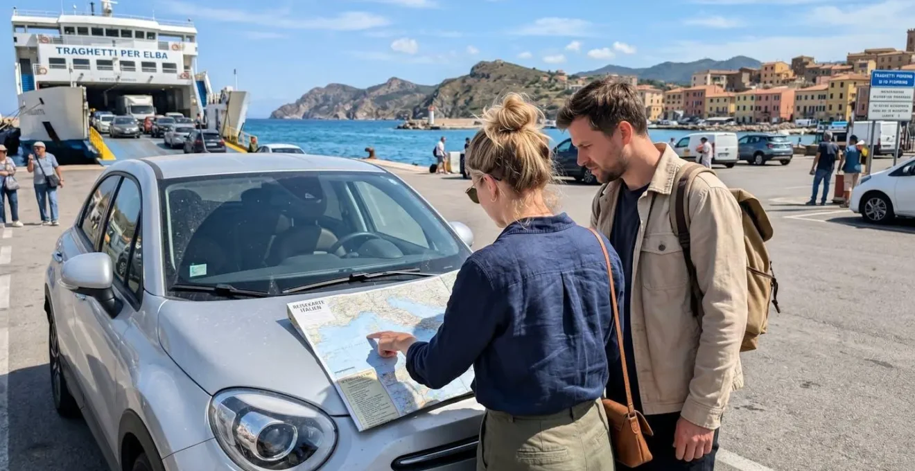 Ein Paar von hinten betrachtet eine Straßenkarte Sardiniens neben ihrem Auto an einem italienischen Fährhafen