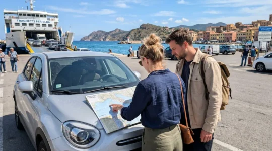 Ein Paar von hinten betrachtet eine Straßenkarte Sardiniens neben ihrem Auto an einem italienischen Fährhafen