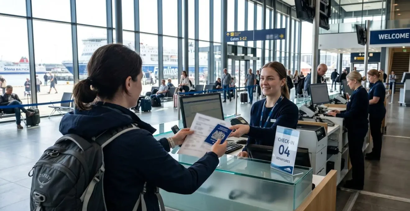 Reisender von hinten fotografiert reicht Dokumente an Check-in-Schalter im modernen Fährterminal, Hand hält Reisepass und Buchungsbestätigung