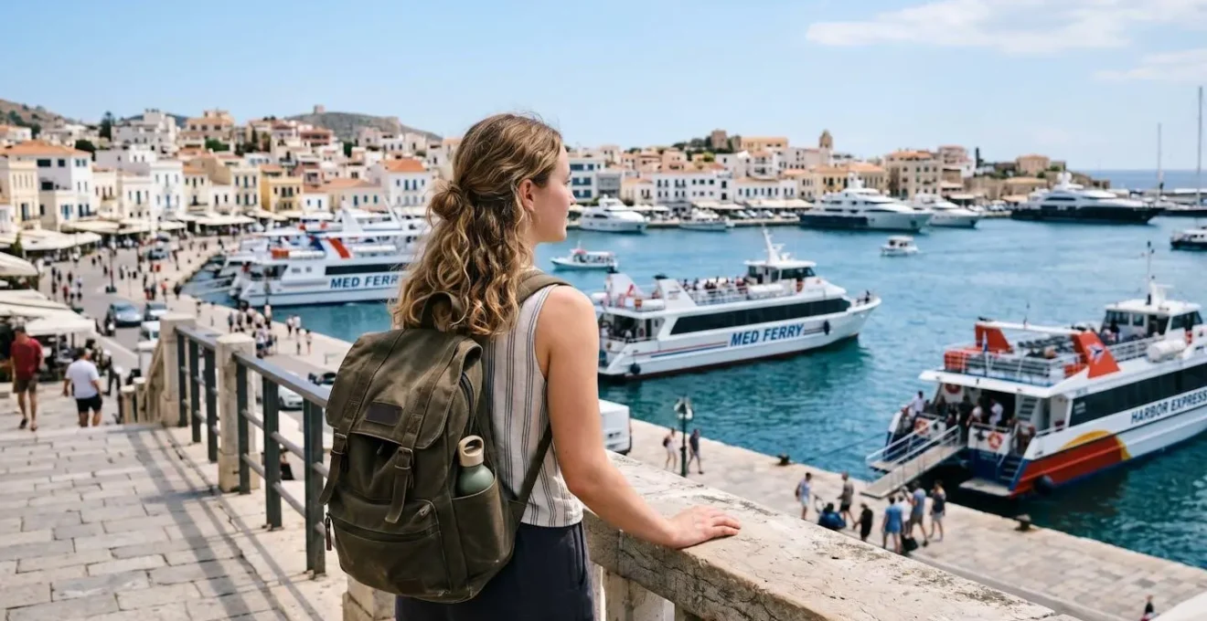 Eine Person von hinten betrachtet Fähren im Hafen, mediterranes Tageslicht, Reisesituation