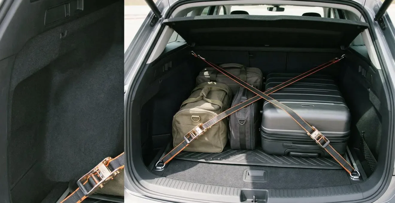 Nahaufnahme eines fest verzurrten Koffers im Fahrzeugkofferraum mit Spanngurten an Zurrösen, demonstriert professionelle Ladungssicherung für sichere Autobahnfahrten