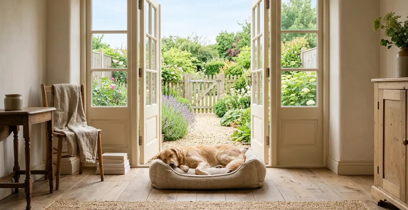 Hund entspannt in komfortabler Ferienwohnung mit direktem Gartenzugang während eines Roadtrips
