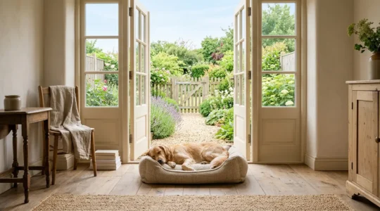 Hund entspannt in komfortabler Ferienwohnung mit direktem Gartenzugang während eines Roadtrips
