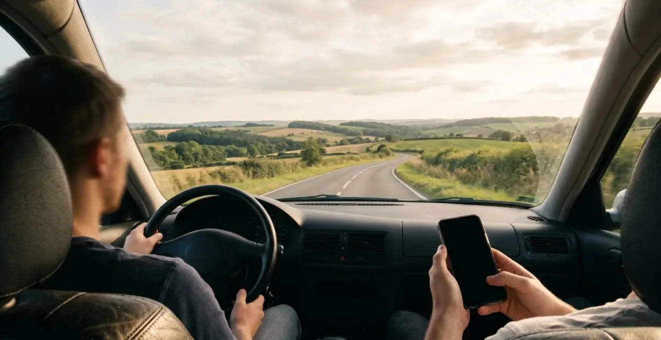 Reisende kommuniziert Ankunftszeit an Gastgeber während Autofahrt mit Blick auf malerische Landschaft