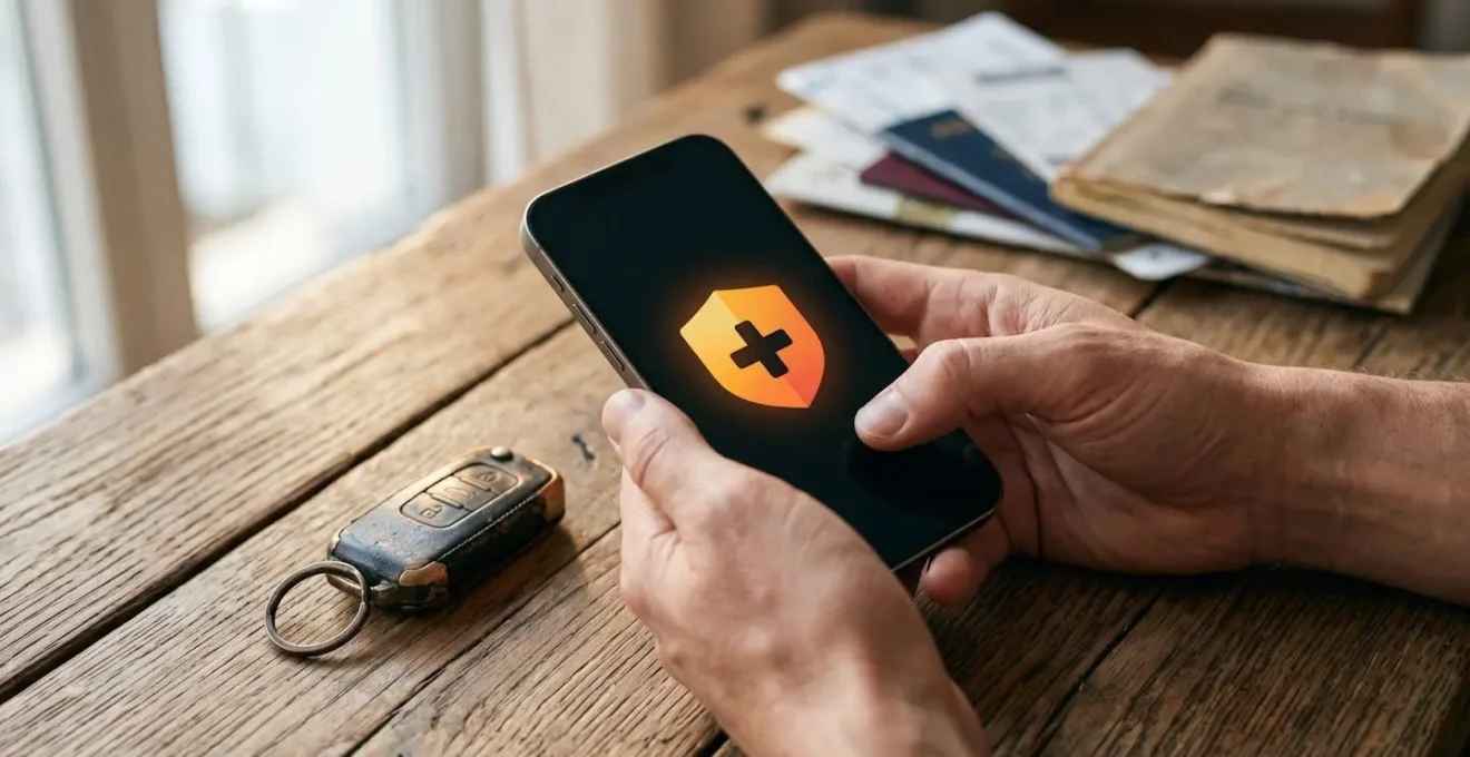 Digitales Notfalldossier auf Smartphone mit Fahrzeugdaten und GPS-Koordinaten vorbereitet