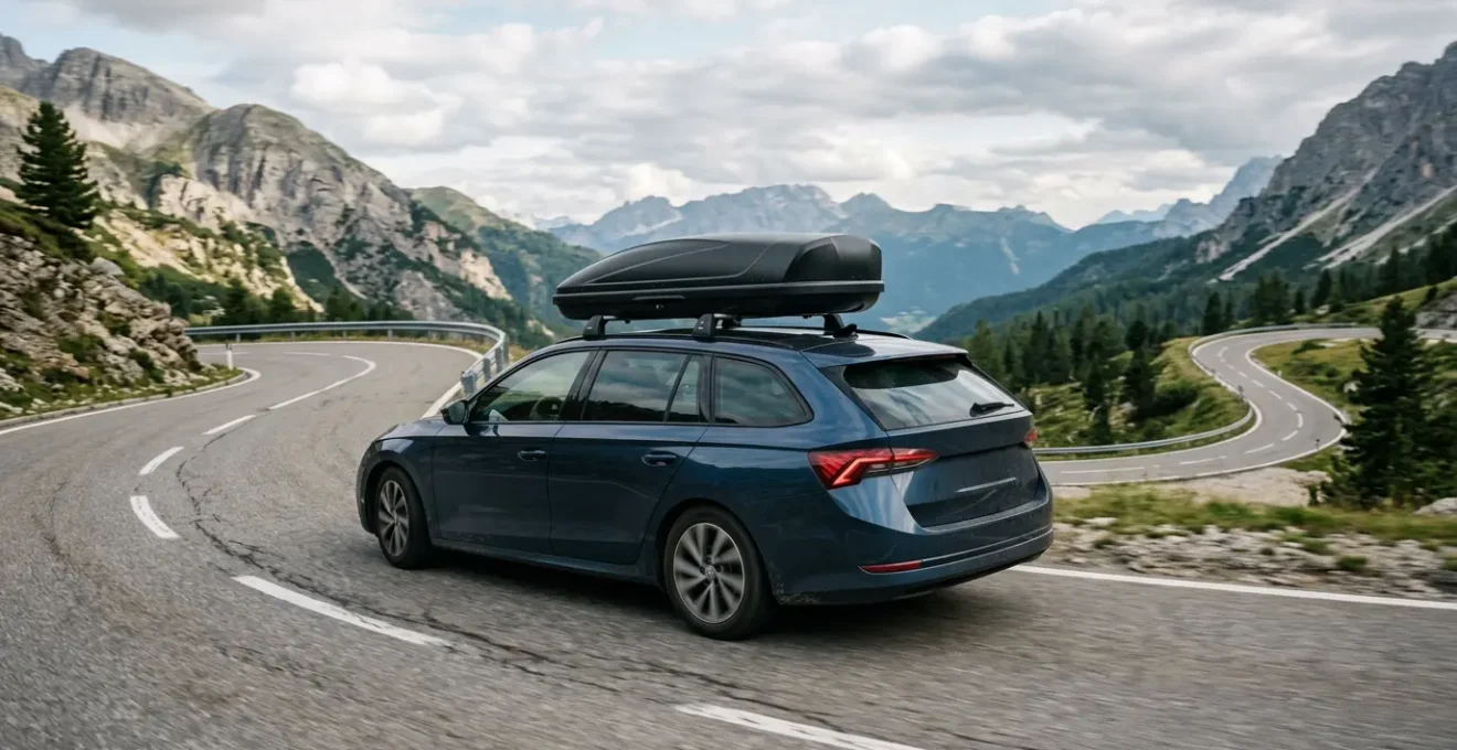 Beladenes Familienfahrzeug mit Dachbox in dynamischer Kurvenfahrt auf Bergstraße