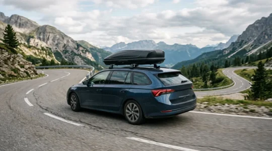 Beladenes Familienfahrzeug mit Dachbox in dynamischer Kurvenfahrt auf Bergstraße