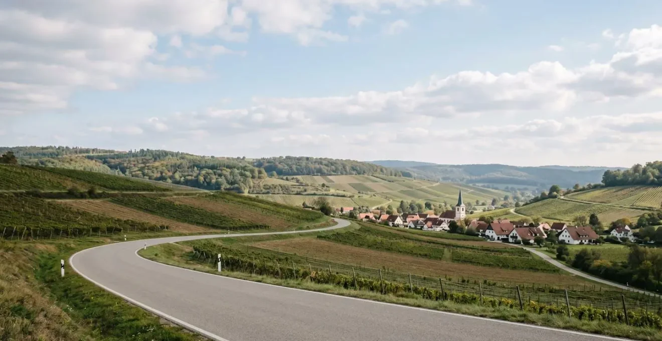 Ruhige Landstrassenabschnitt mit gepflegter Strassenoberfläche und sanfter Kurve durch fränkische Kulturlandschaft