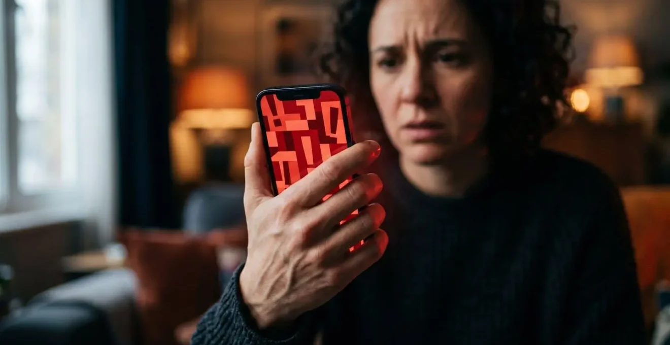 Dramatische Nahaufnahme eines Smartphones mit roten Warnhinweisen und gestresster Hand