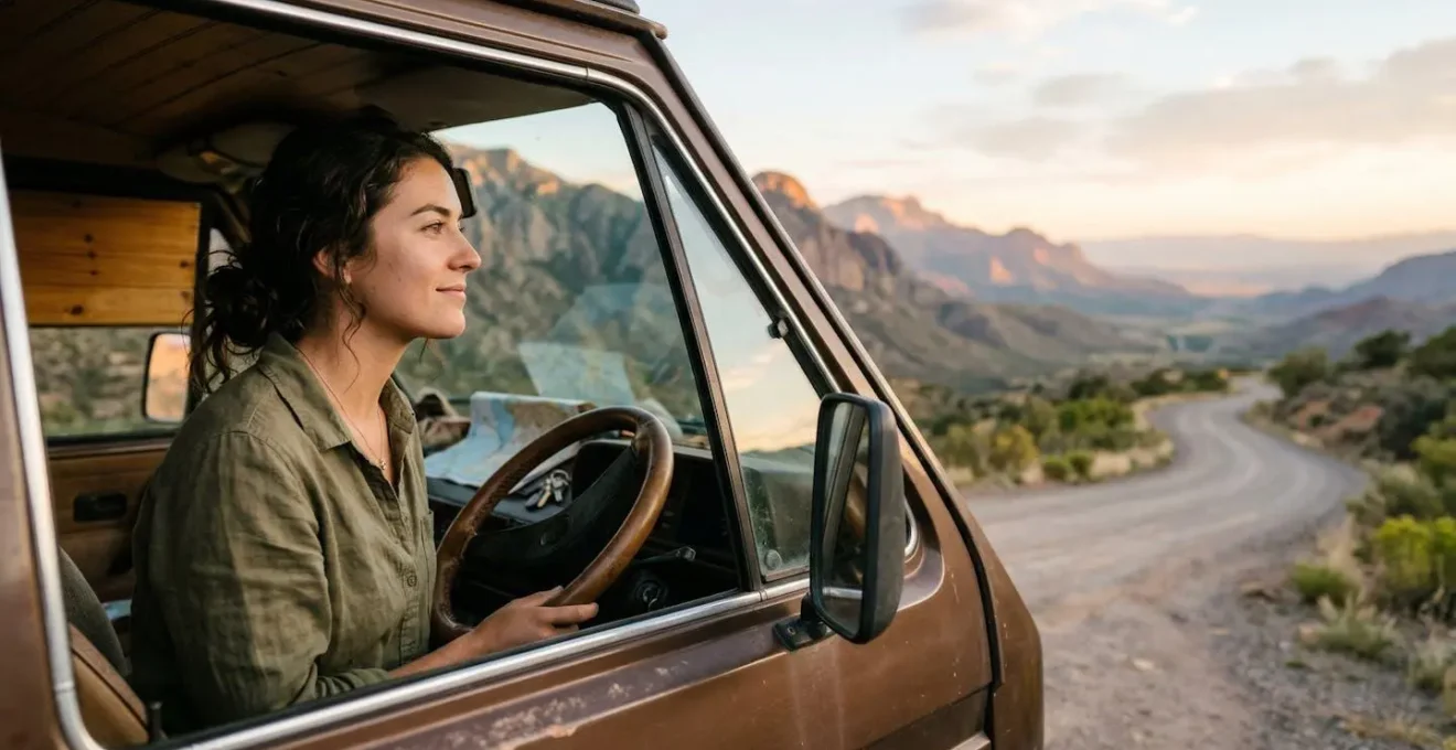 Person am Steuer eines Autos mit weiter Landschaft im Hintergrund, symbolisiert Freiheit und Neuanfang