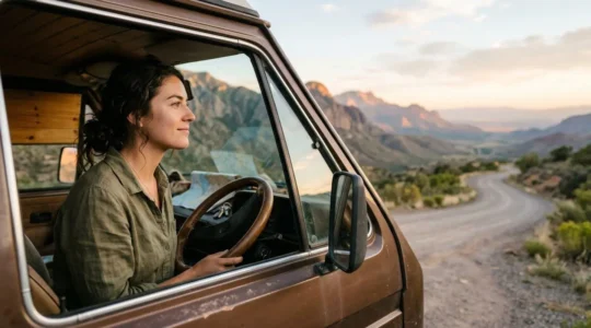 Person am Steuer eines Autos mit weiter Landschaft im Hintergrund, symbolisiert Freiheit und Neuanfang