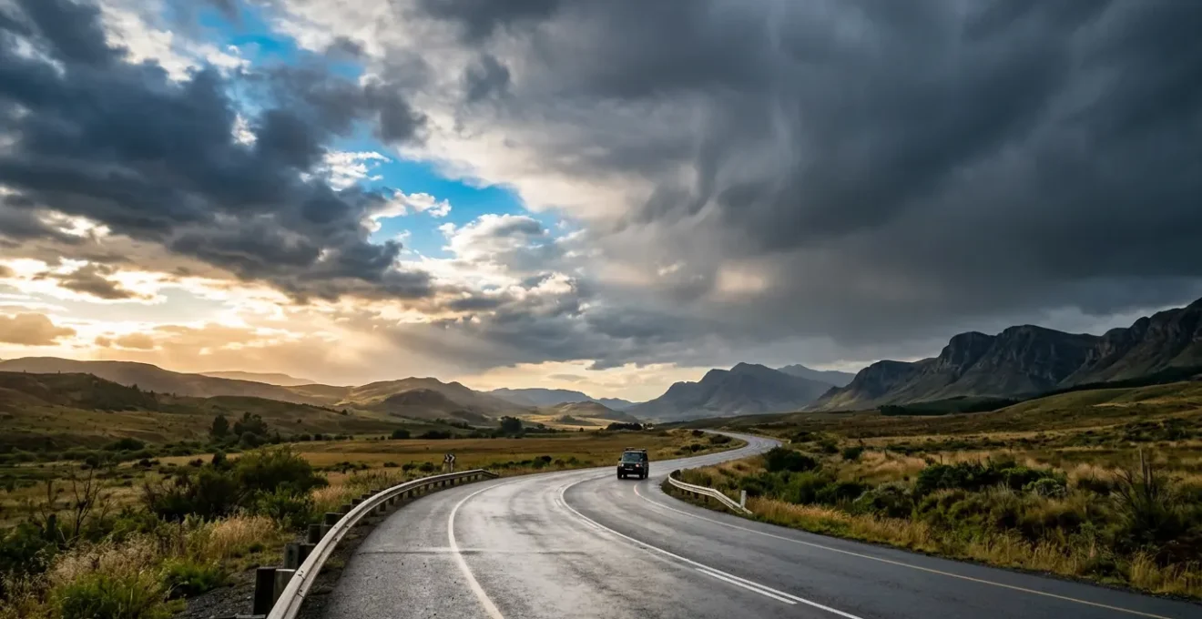 Offene Straße mit dynamischen Wolkenformationen und wechselndem Licht bei einem spontanen Roadtrip