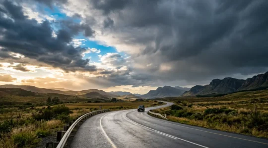 Offene Straße mit dynamischen Wolkenformationen und wechselndem Licht bei einem spontanen Roadtrip