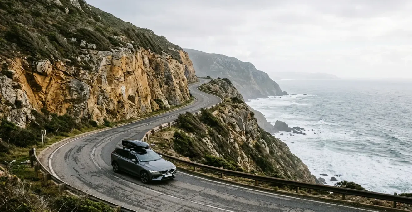 Fahrzeug auf kurviger Küstenstraße mit Dachbox bei starkem Seitenwind