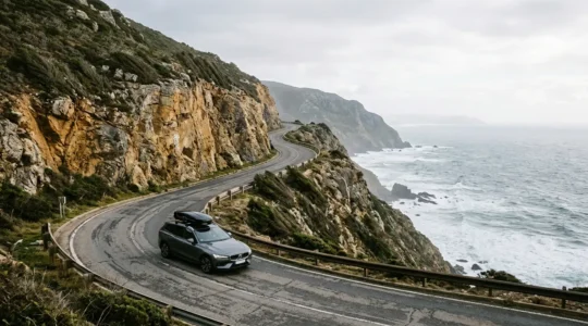 Fahrzeug auf kurviger Küstenstraße mit Dachbox bei starkem Seitenwind