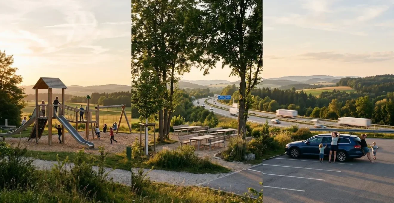Visualisierung einer kindgerechten Tagesetappe mit regelmässigen Pausenmarkierungen an einem Spielplatz an der Autobahn
