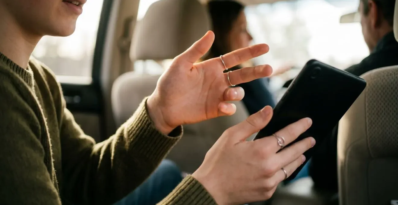 Teenager zeigt Eltern Reiseplanung auf digitalem Gerät im Auto
