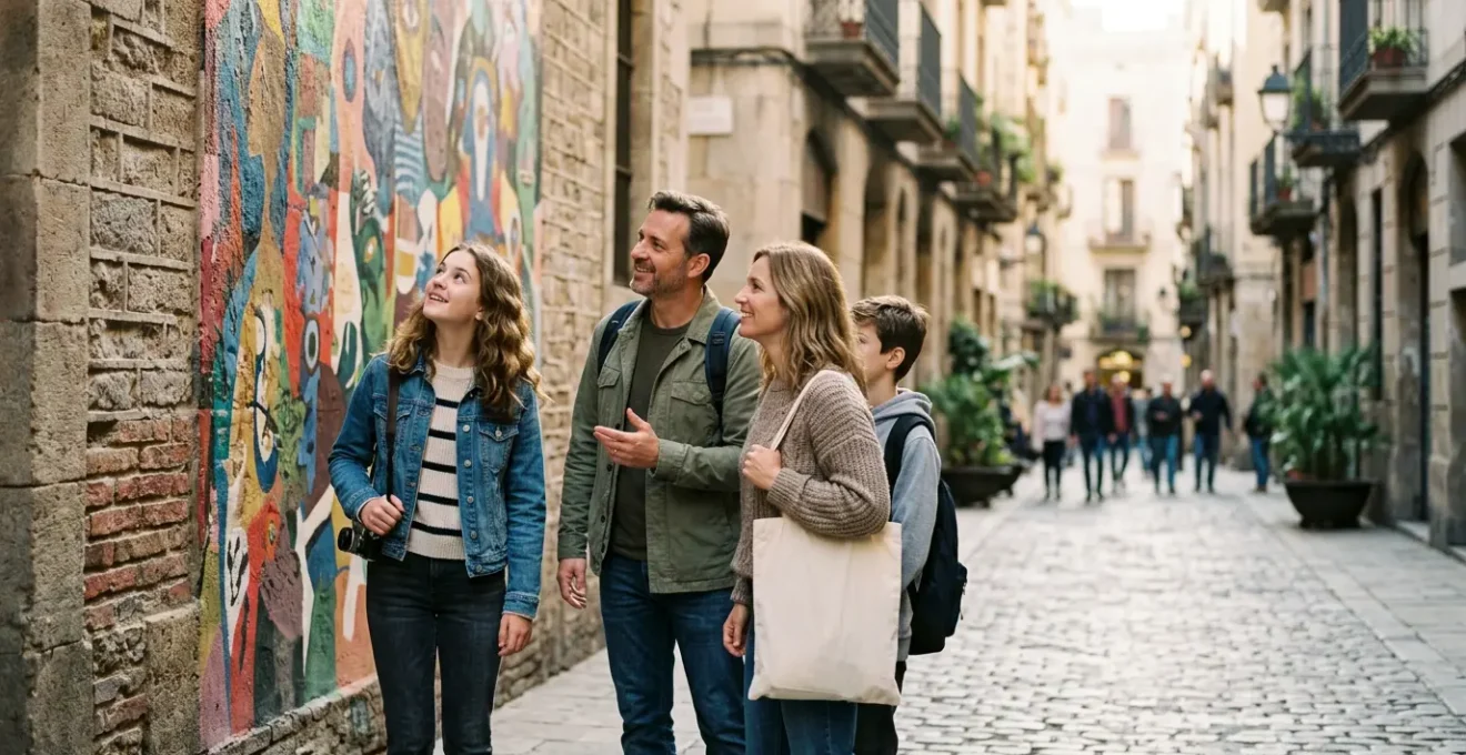 Familie mit Teenager bei urbanem Zwischenstopp während Roadtrip