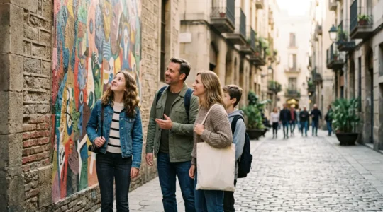 Familie mit Teenager bei urbanem Zwischenstopp während Roadtrip