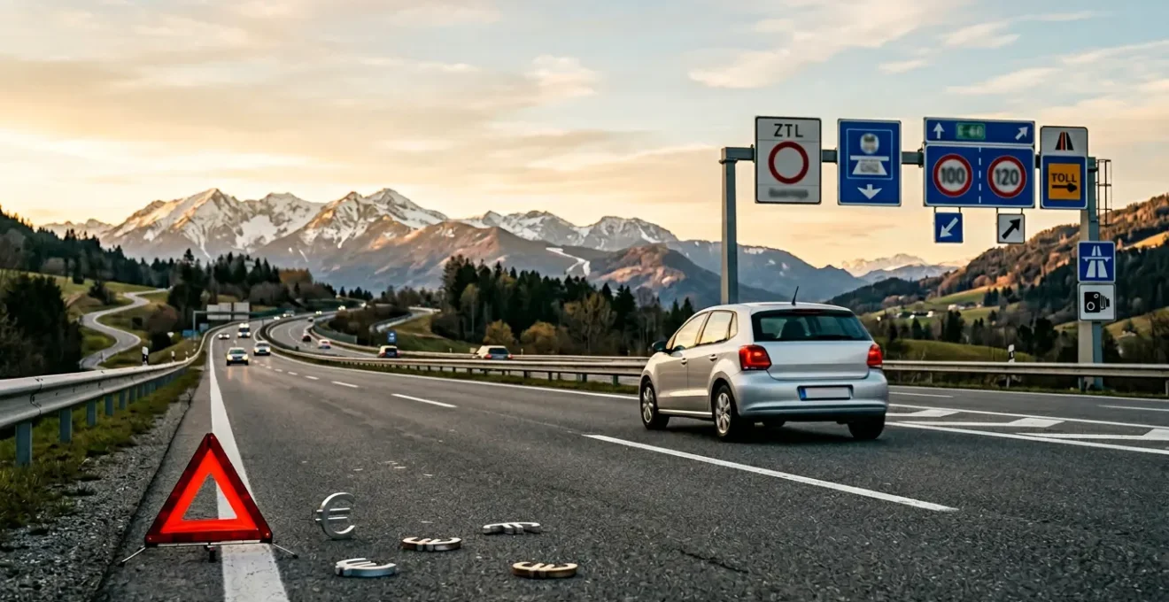 Europäische Verkehrsschilder und Autobahn-Szene mit symbolischen Elementen für Bußgelder und Verkehrsregeln