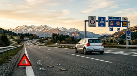 Europäische Verkehrsschilder und Autobahn-Szene mit symbolischen Elementen für Bußgelder und Verkehrsregeln